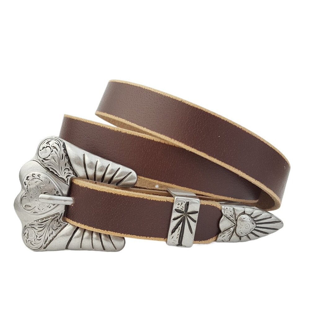 Vintage Skinny Leather Belt w. Silver Hearted Buckle Set